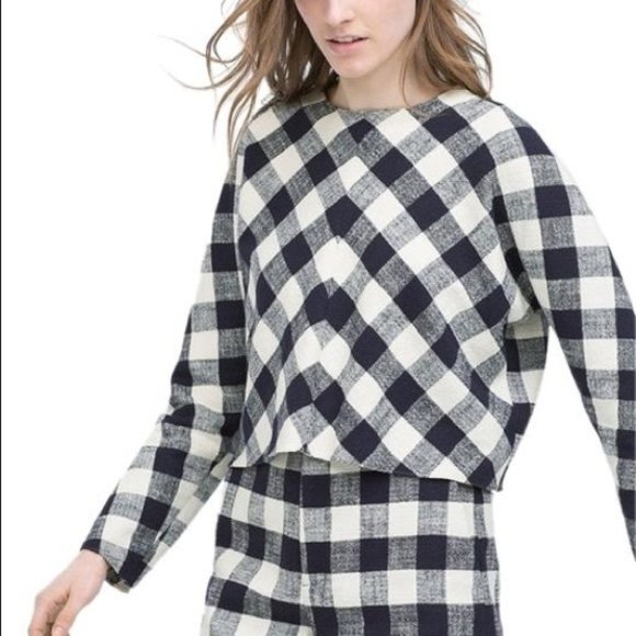 Zara Blue Gingham Buffalo Check Linen Crop Top - Picture 3 of 7